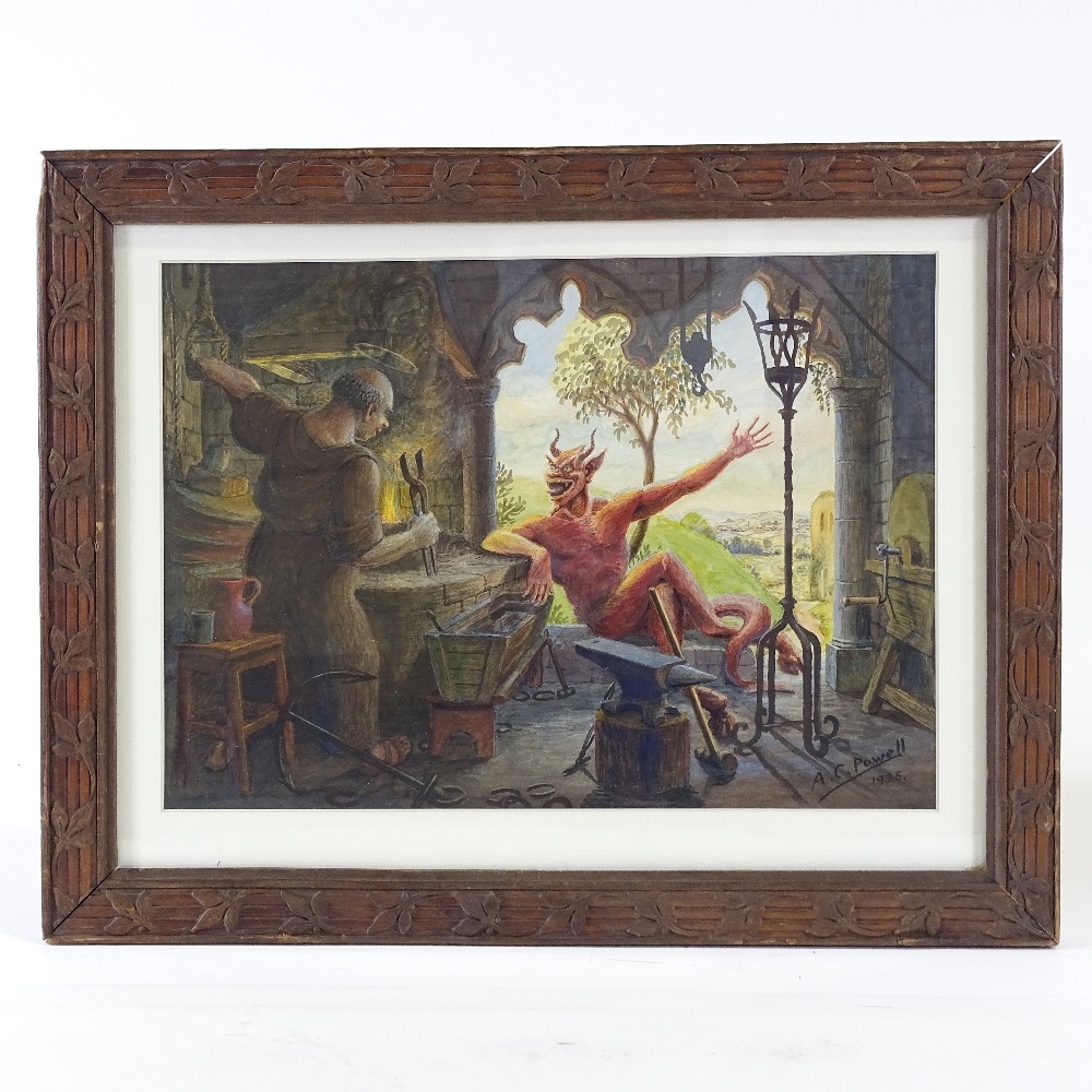 Artwork by A. C. Powell, Devil tormenting a blacksmith, Made of watercolour