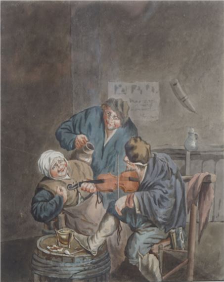 Violinist in tavern scene by Abraham Delfos