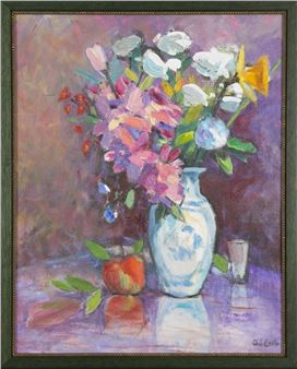 A vibrant still life painting featuring a colorful bouquet of flowers in a blue and white vase, accompanied by an apple and a glass.