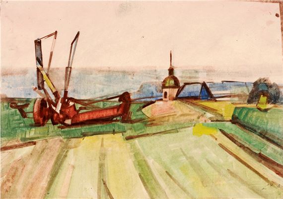 "I. Maschine W." (Turm der Kirche Johnsbach und Mähmaschine links) by Hermann Glöckner, 1950