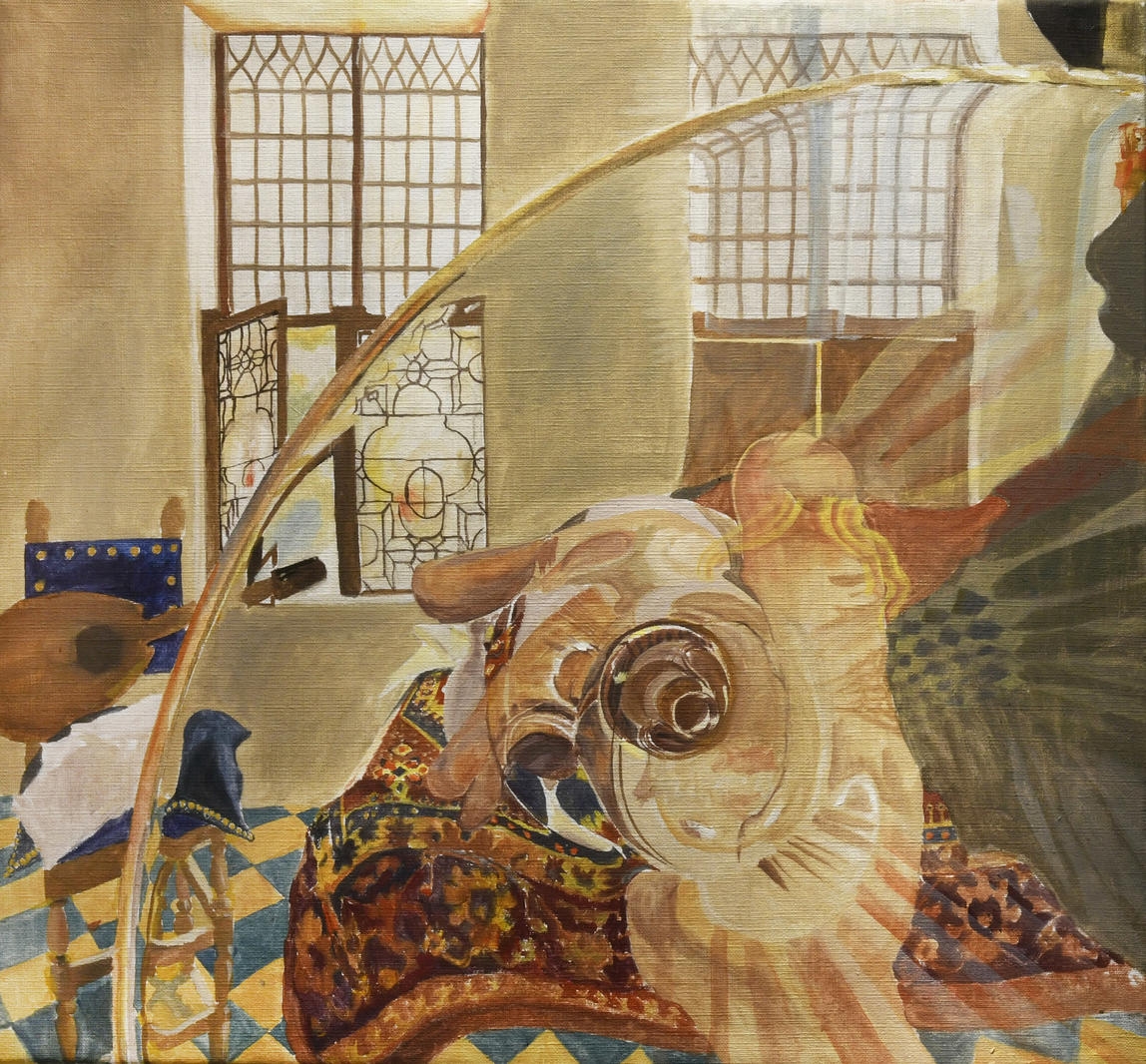 Artwork by Alena Tereshko, Girl with a glass of wine. As Vermeer (left eye) from the series «Modeling», Made of oil on canvas