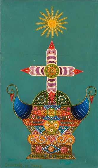 A vibrant, vertically oriented artwork featuring a stylized cross and sun against a teal background.