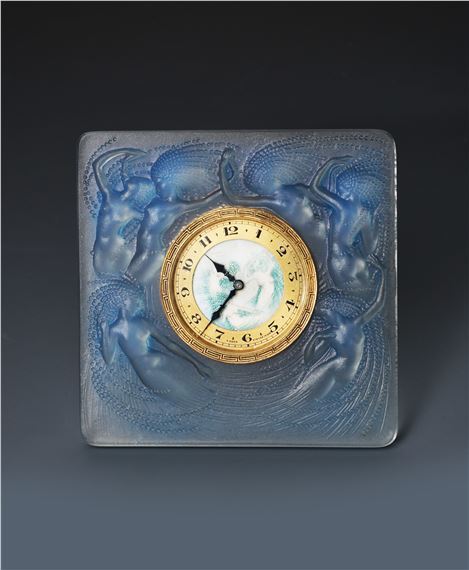 'Naiades' no.764 a Lalique opalescent glass desk clock designed by Rene Lalique