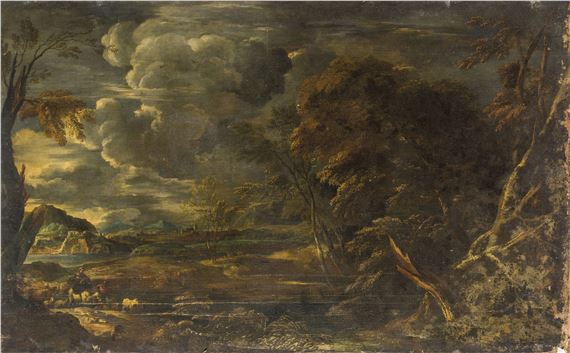 Paesaggio con viandanti, lago e borgo sullo sfondo by Crescenzio d'Onofrio