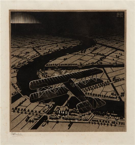 Aeroplane above a Snowy Landscape by Maurits Cornelis Escher, 1934