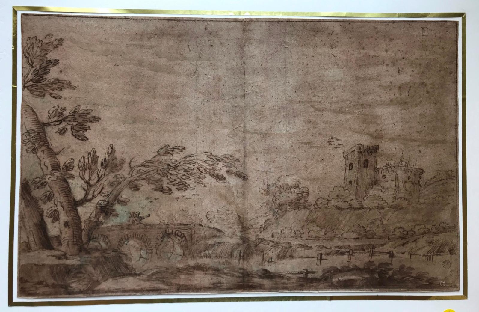 Artwork by Bolognese School, 17th Century, Paysage animé au pont, Made of Pen and brown ink, brown wash, heightened with white gouache on beige paper