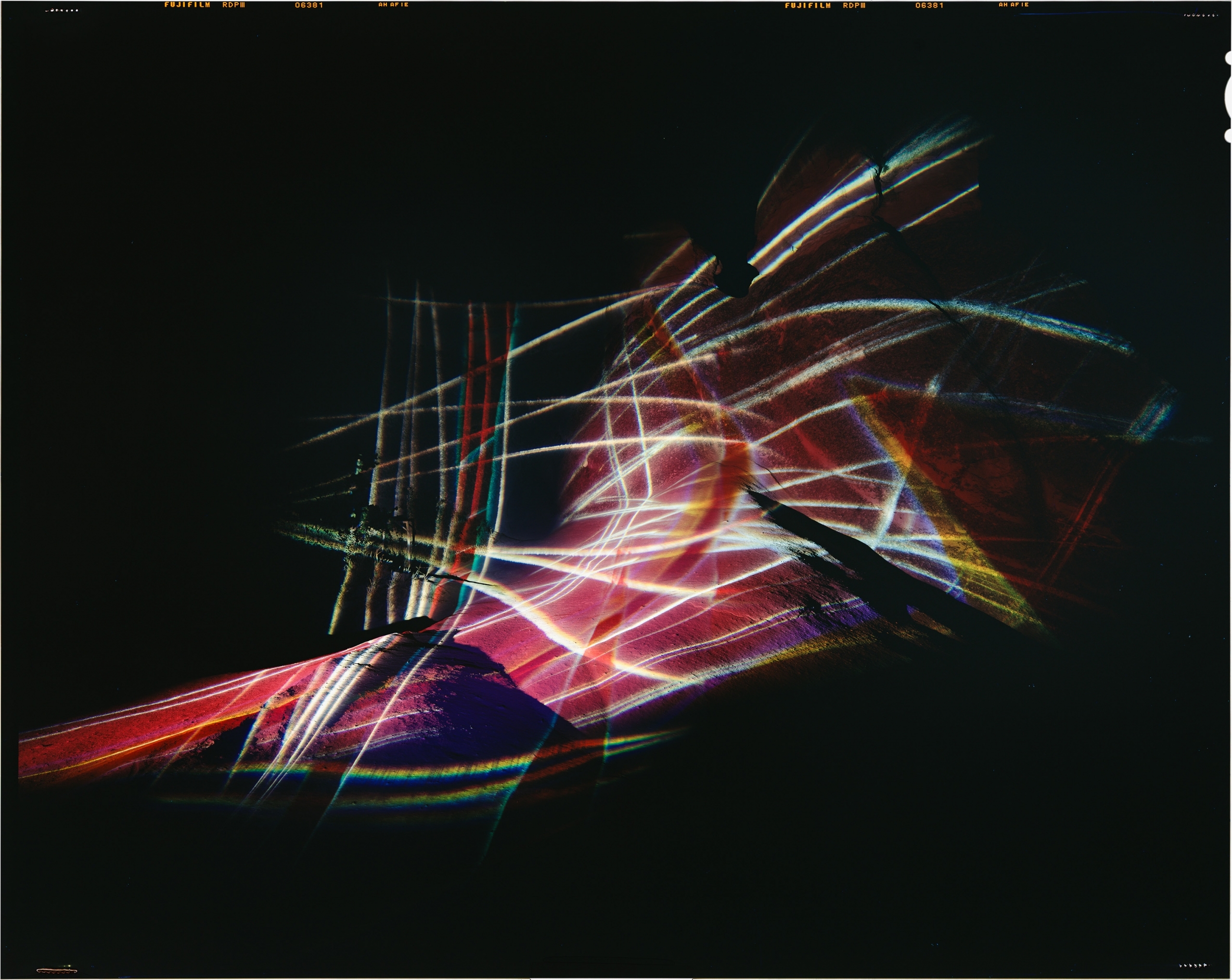 Artwork by Victoria Coeln, Chromotopia Kapadokya: Pasa Bag (aus der Serie “Crossing Realities_TÜRKIYE”), Made of analogue large-scale transparency (unique item) in magnifying object, LED box, wooden pillar