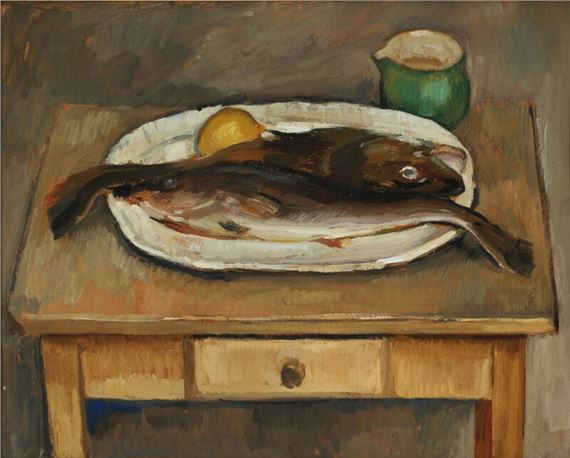 Still life with fish and a lemon on an oval dish by Carl Fischer