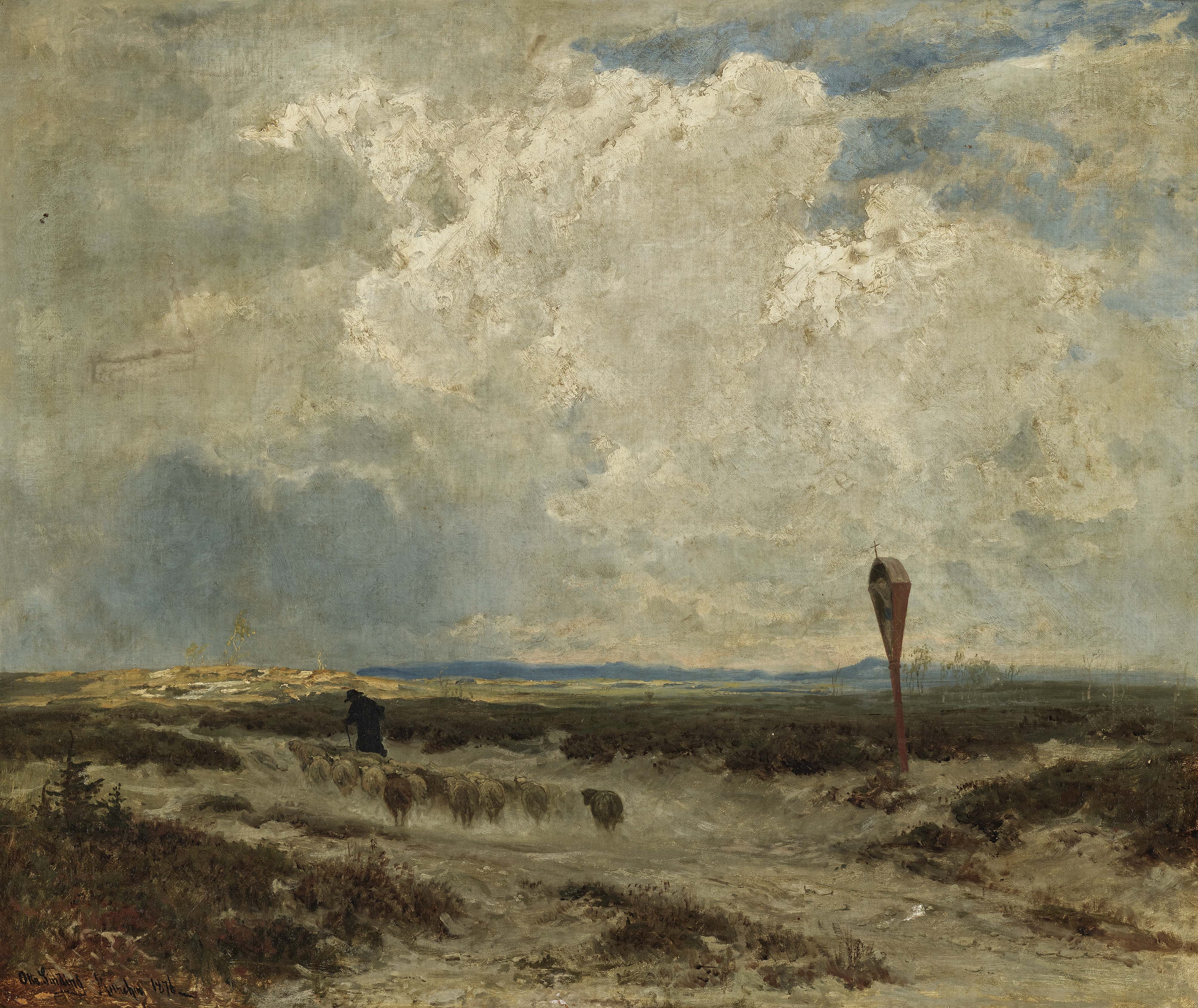 Artwork by Otto Sinding, Schäfer mit Herde in Voralpenlandschaft, Made of Oil on canvas