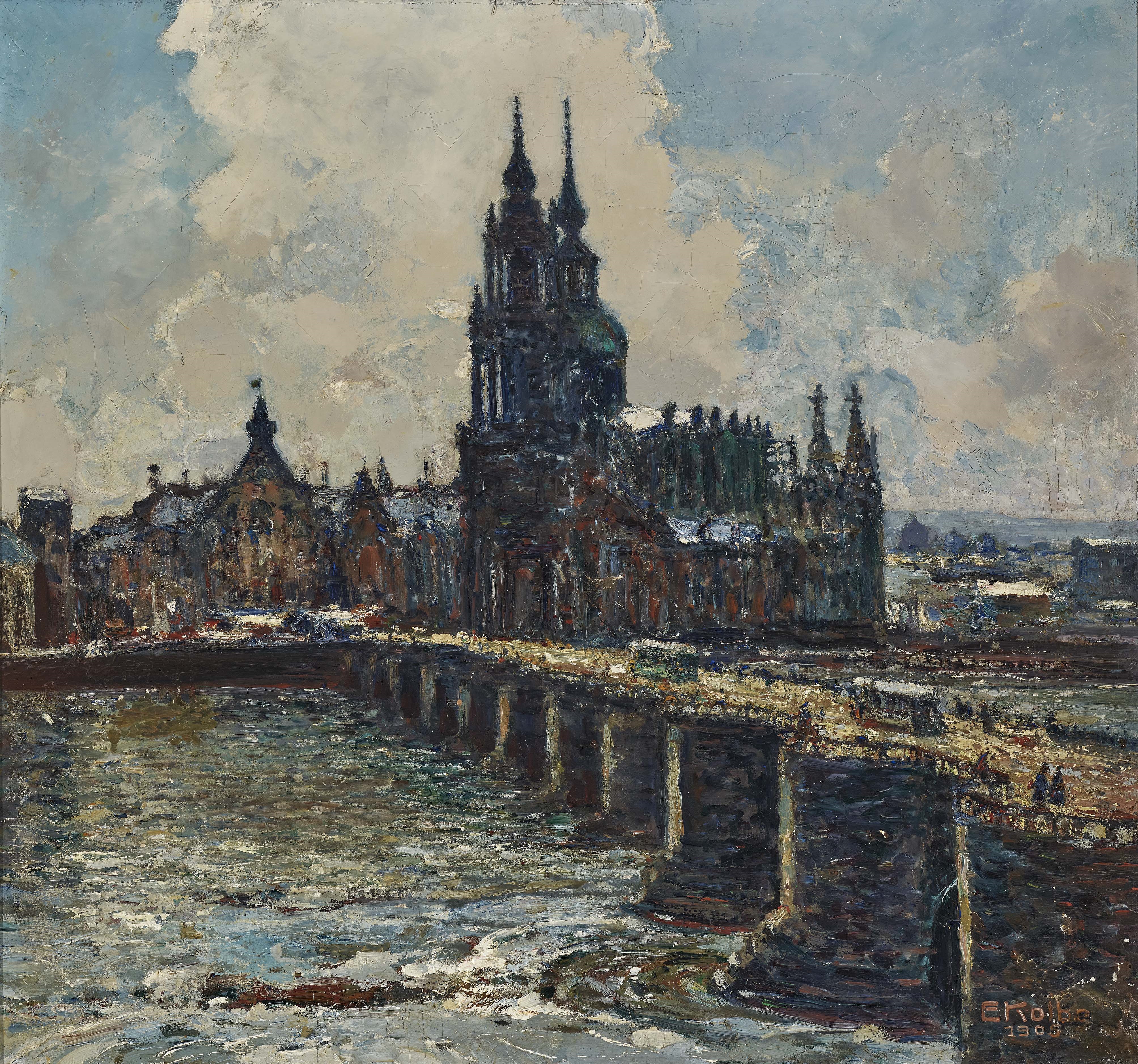 Artwork by Ernst Kolbe, "Augustusbrücke in Dresden", Made of Oil on canvas