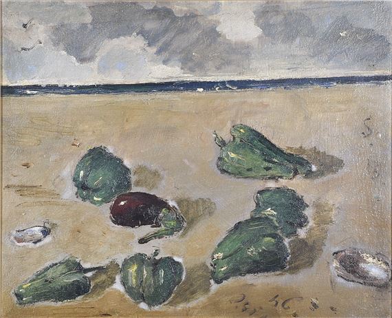 NATURA MORTA MARINA CON PEPERONI, UNA MELANZANA E UNA CONCHIGLIA by Filippo de Pisis, 1946