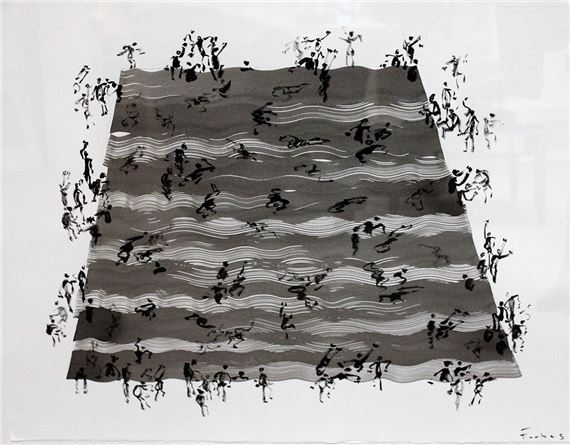 A monochromatic illustration of a crowded beach scene with stylized figures and wavy lines.