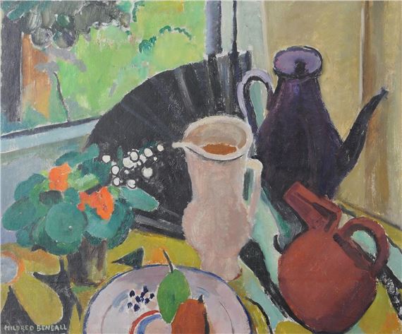 Still life with jugs, fruit bowl and fan by Mildred Bendall