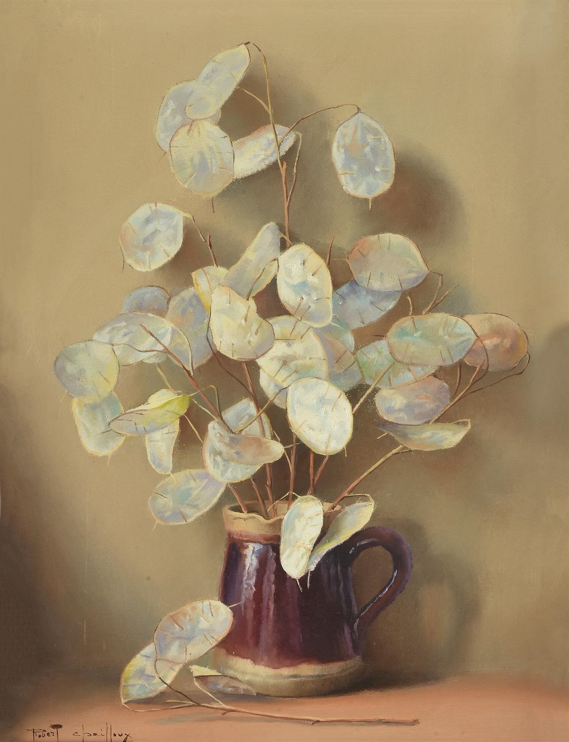 Artwork by Robert Chailloux, Still life with white seed pods, Made of Oil on board