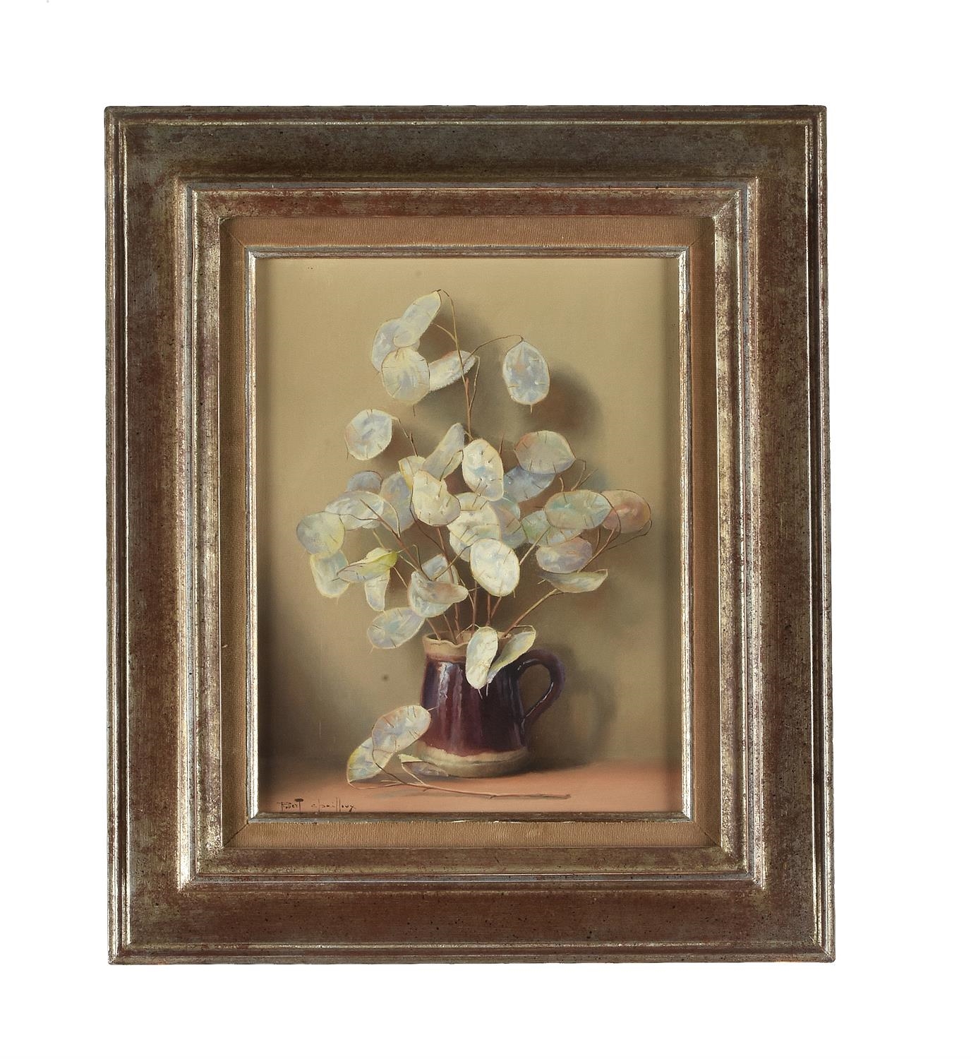 Artwork by Robert Chailloux, Still life with white seed pods, Made of Oil on board