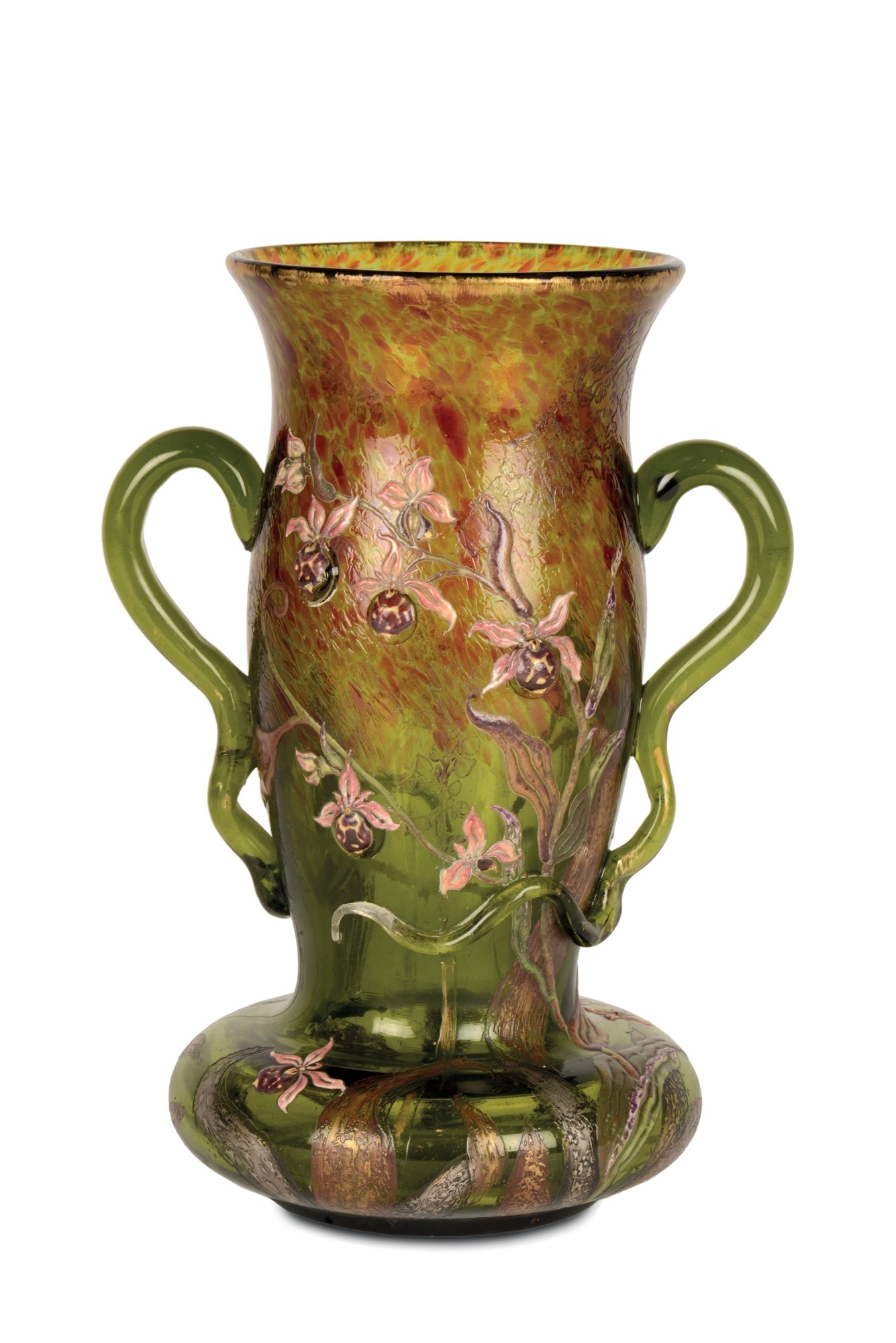 Eccezionale vaso con anse applicate e sagomate a serpente. La decorazione è affidata a motivi floreali eseguiti con l'utilizzo di varie tecniche