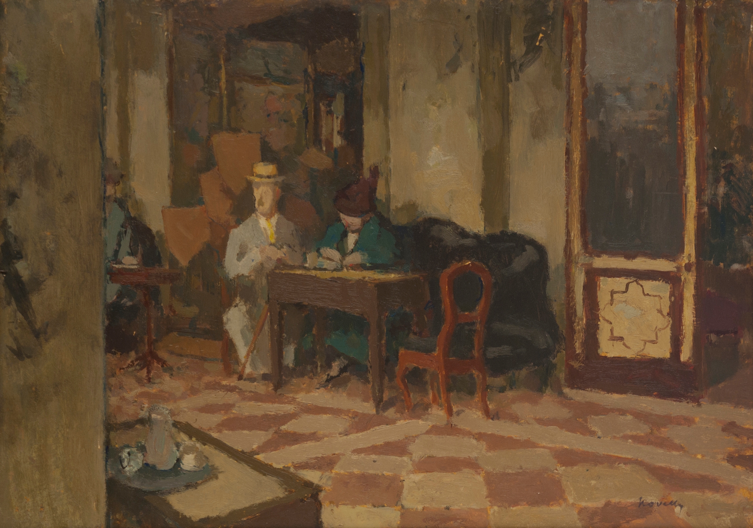 A quiet café scene with figures seated at a table in warm, muted tones.