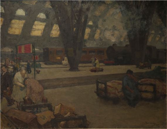 A dimly lit train station scene filled with passengers and luggage.