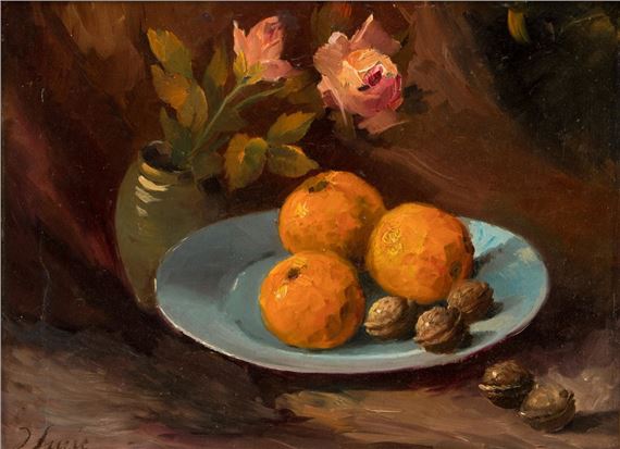 Stilleven met sinaasappel en walnoten op schaal by Jacoba Surie