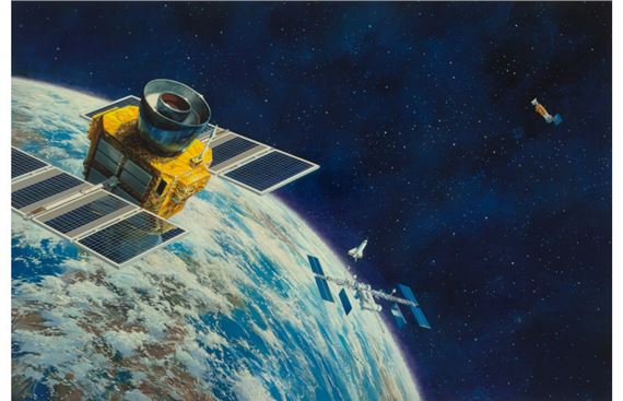 Space Stations and Satellites, possible advertisement for US Airforce, by John Conrad Berkey, 1985