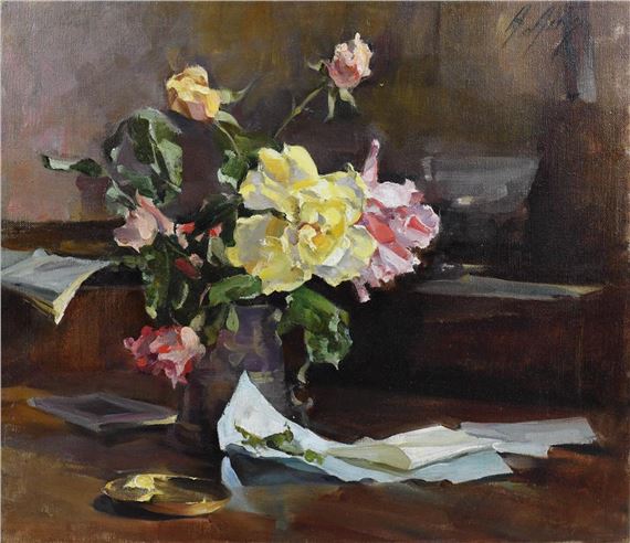 STILL LIFE OF ROSES WITH BOOKS by Anna Airy