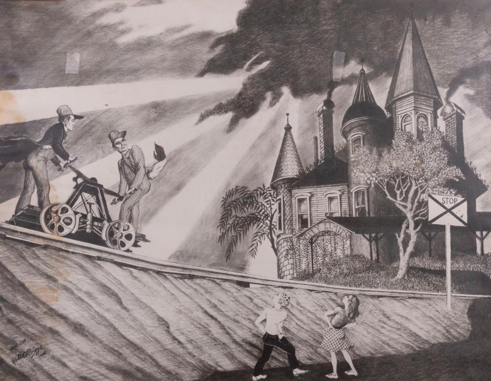 Artwork by Robert O. Biggs, Hand Car, Made of charcoal and graphite on paper