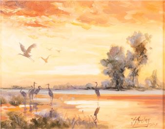 Sunset on Marshes with Cranes - Irek Szelag