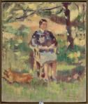 A woman stands in a sun-dappled garden holding a small dog, rendered in soft impressionist brushstrokes.