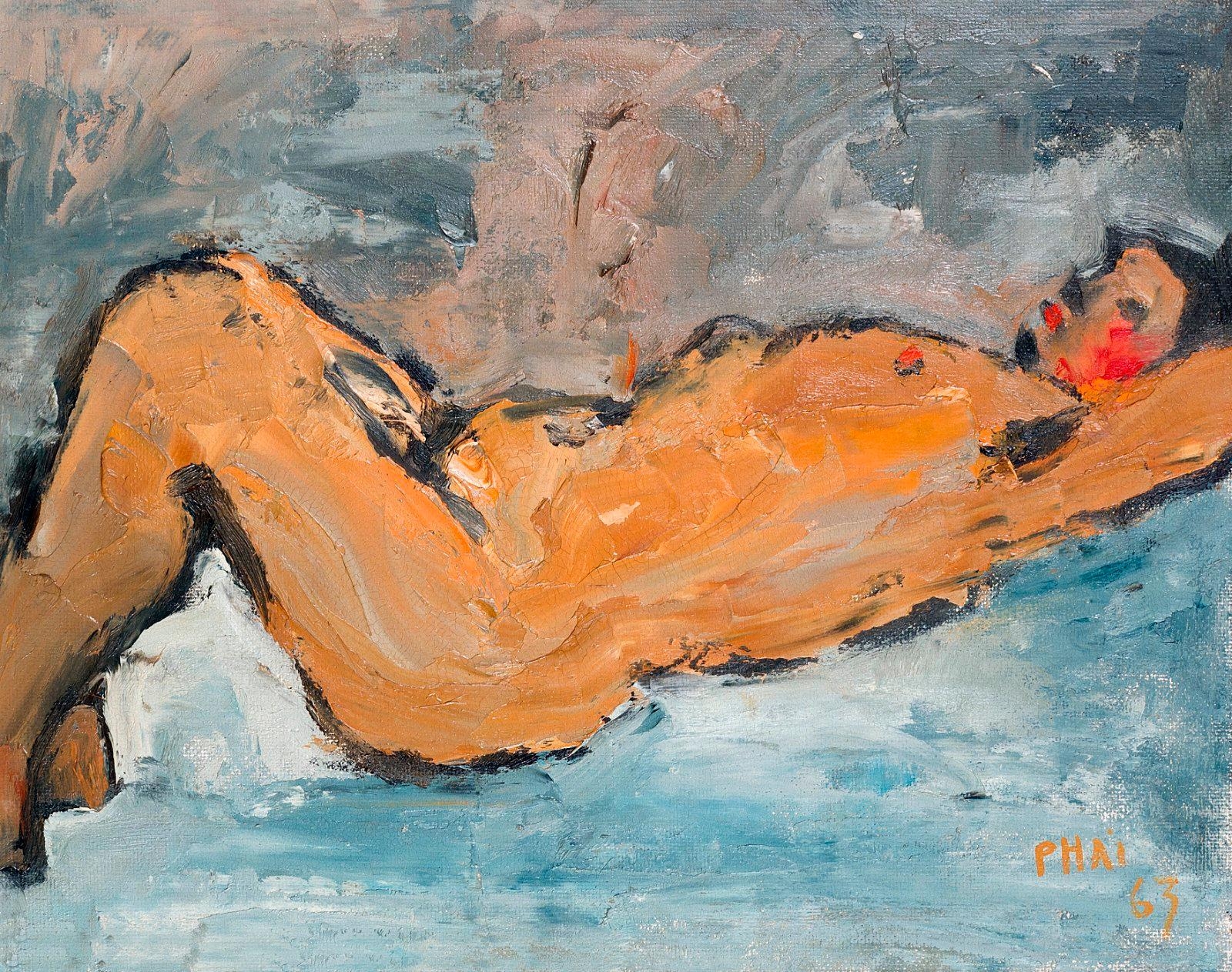 Nude with blue background by Bui Xuan Phai, 1963