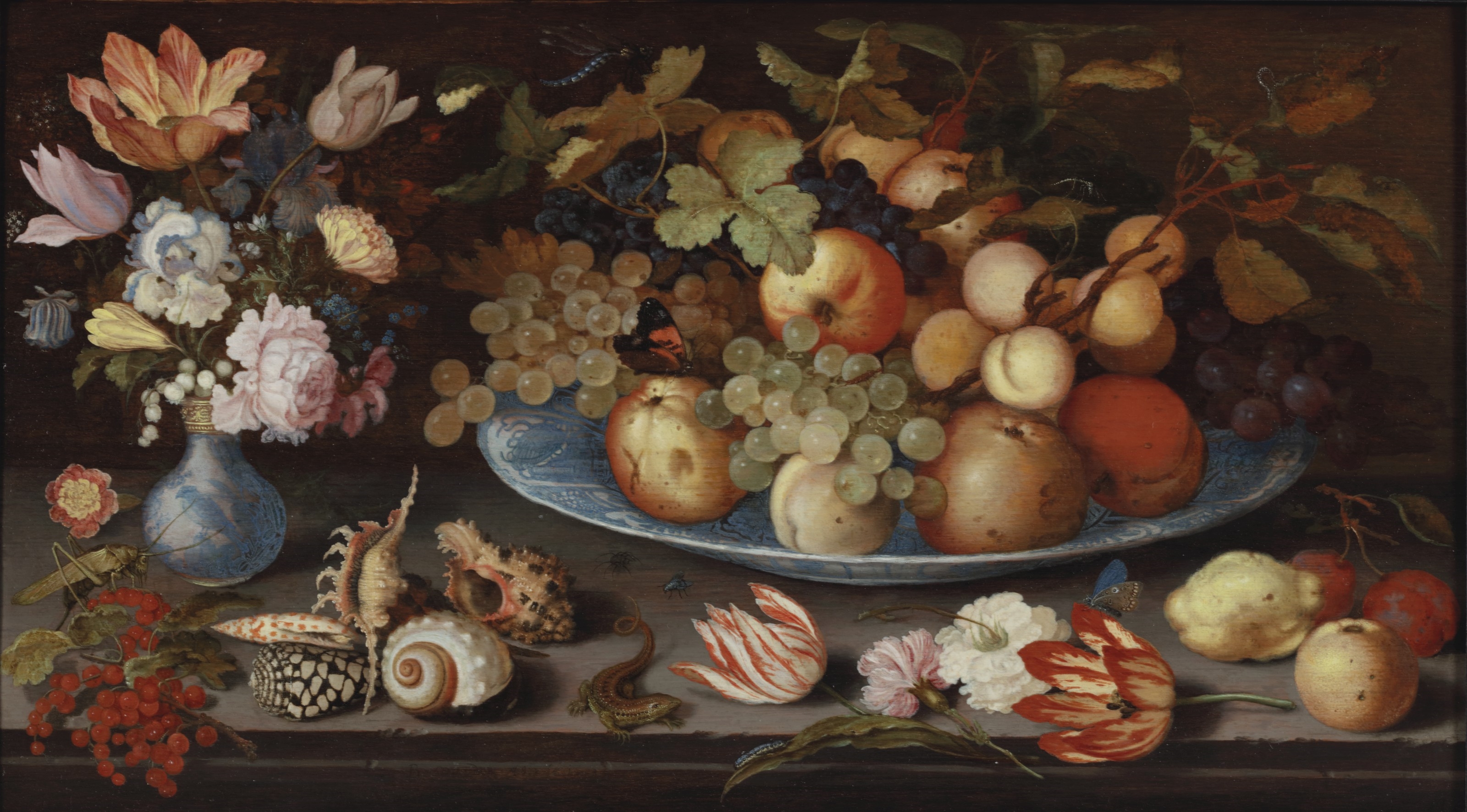 Artwork by Balthasar van der Ast, Flowers in a Wan-li vase, fruit on a Wan-li platter and shells, flowers and fruit strewn across a stone ledge, with butterflies and other insects, Made of oil on panel