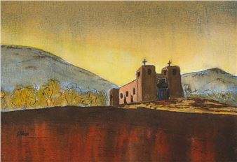 Two works: Pojoaque Church; Trees at Sunset - I. Hoban