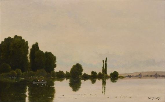 Hippolyte Camille Delpy | Paysage de rivière animé d'une barque | MutualArt