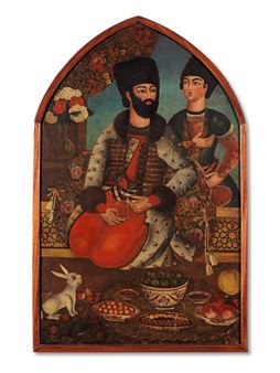 A nobleman drinking wine at a terrace window, a servant standing by - Persian School, 19th Century