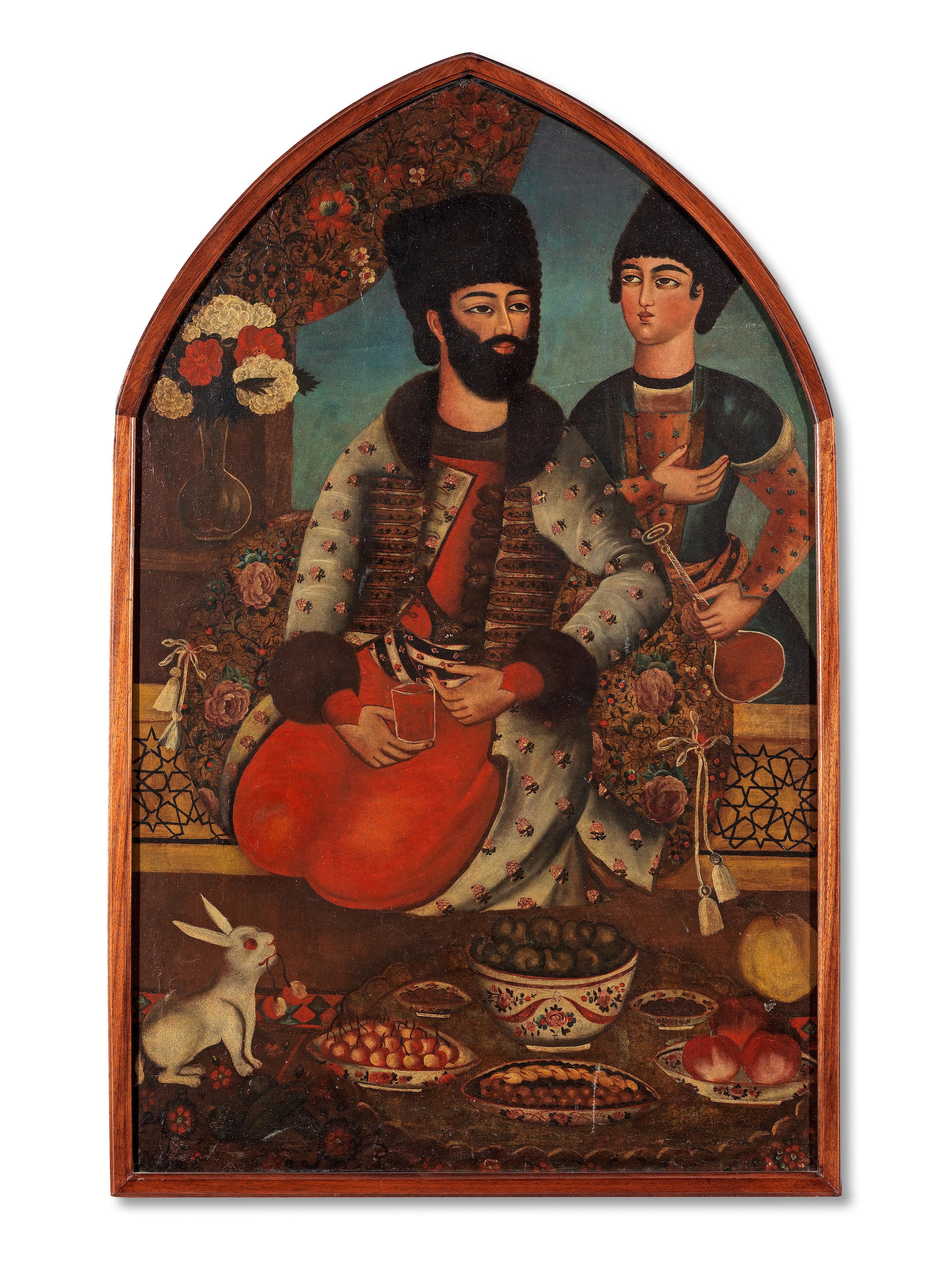A nobleman drinking wine at a terrace window, a servant standing by by Persian School, 19th Century, mid-19th Century
