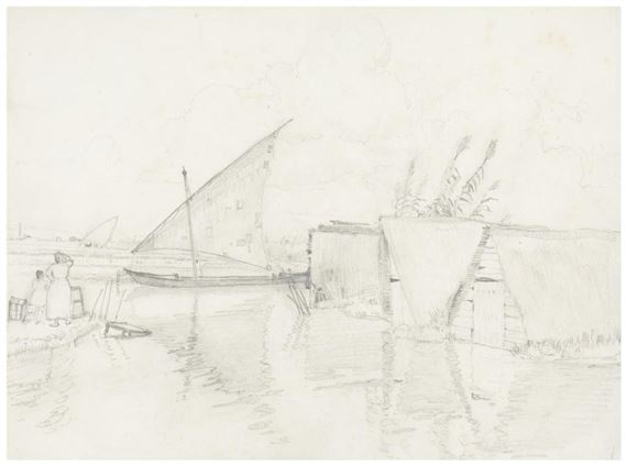 Figures and boats in a Spanish village by Arthur Grover Rider, 1923