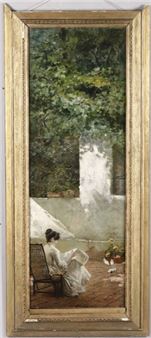 Veduta di giardino con donna in lettura - Filippo De Falco