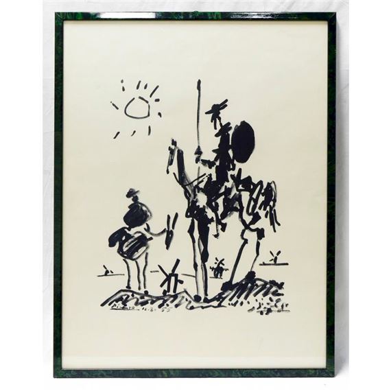 A black ink drawing on cream paper depicting a whimsical outdoor scene with figures, a sun, and windmills.