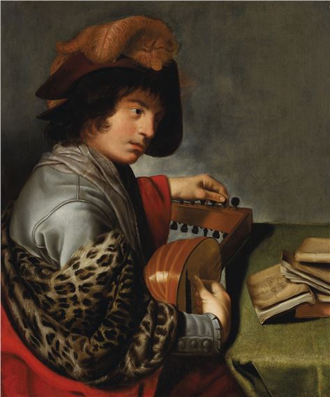 A man in a plumed hat and fur stole tuning a lute before a table with books - Johannes Baeck