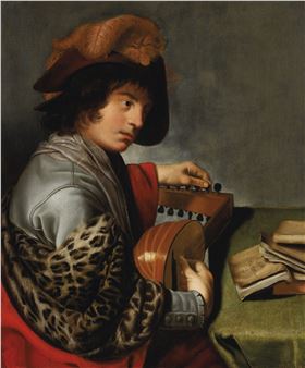 A man in a plumed hat and fur stole tuning a lute before a table with books - Johannes Baeck