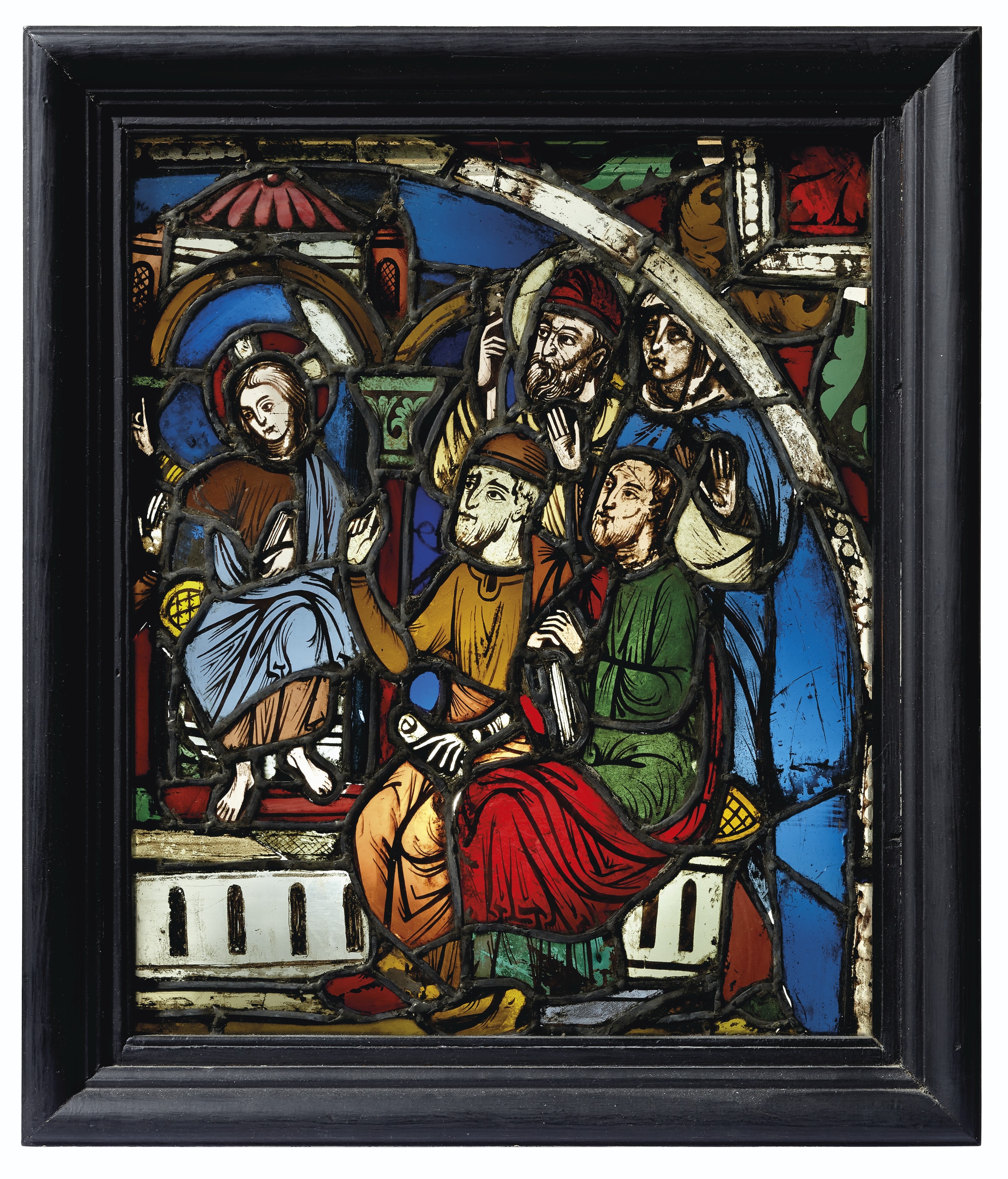 Artwork by French School, 13th Century, A STAINED GLASS WINDOW FRAGMENT DEPICTING CHRIST IN THE TEMPLE(?) IN A LATER BLACK FRAME