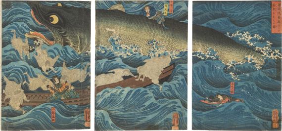 Utagawa Kuniyoshi Sanuki No In Kenzoku O Shite Tametomo O Sukuu Zu Retired Emperor Sanuki Sends Allies To Rescue Tametomo Triptych Mutualart