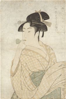 Poppin o fuku musume: Fujo ninso juppin [Young woman blowing a Poppin (glass noisemaker) from TEN CLASSES OF WOMEN'S PHYSIOGNOMY] - Kitagawa Utamaro