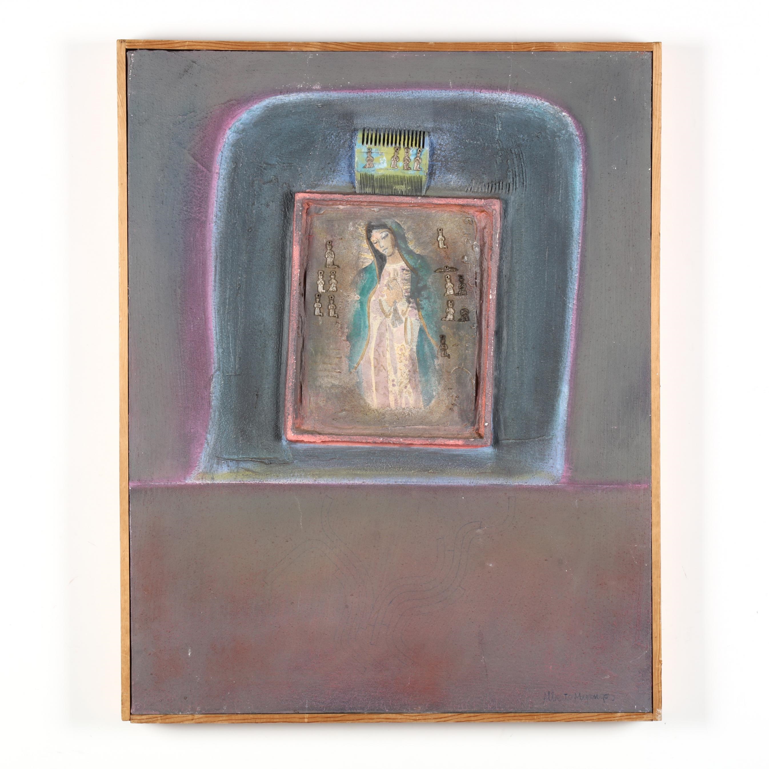Artwork by Alberto Myangos, Madonna with Milagros, Made of Oil on canvas, with sand and collage elements