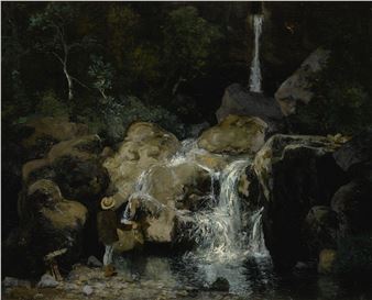 A solitary figure in a forest setting near a cascading waterfall.