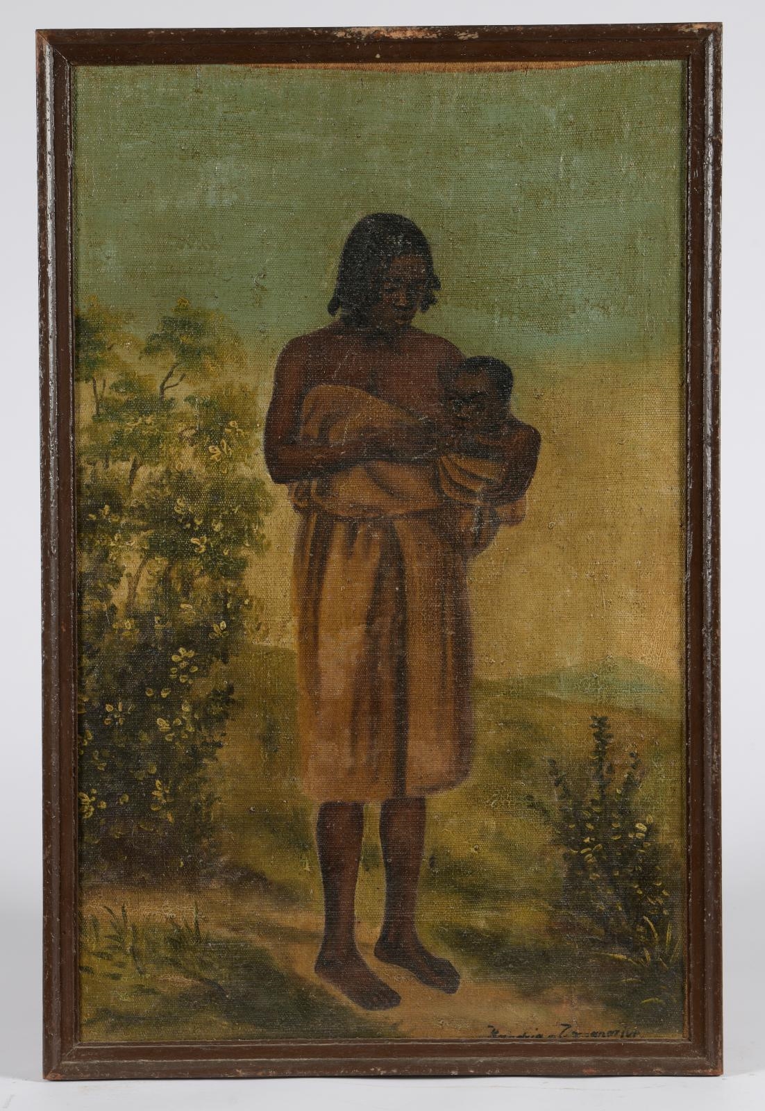 Artwork by Malagasy School, 20th Century, Three works: Mothers and their child; Woman with a shield, Made of oils on canvas mounted on cardboard