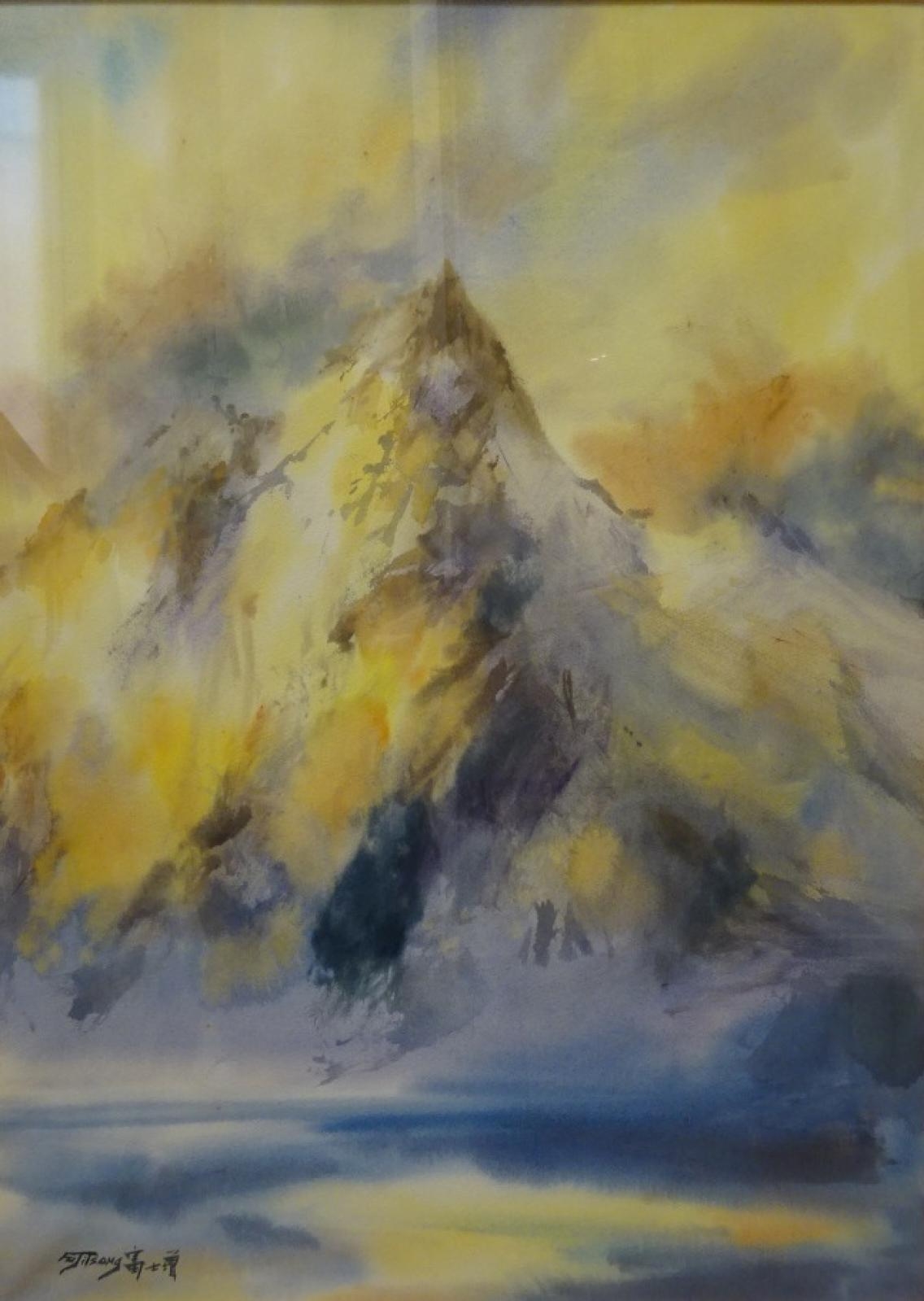 Artwork by Fu Ji Tsang, Sunset in the Alps, Made of Drawing in Indian ink, wash and watercolor