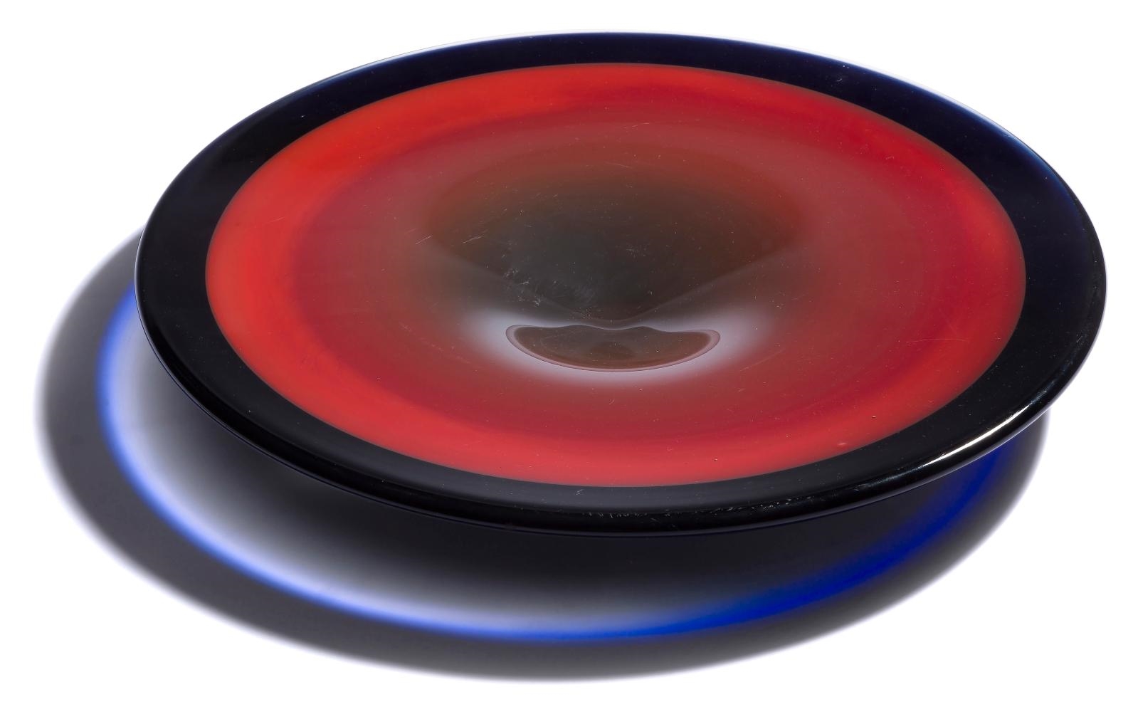 Artwork by Jan Exnar, Large Dish, Made of red fused glass  with black and blue rim