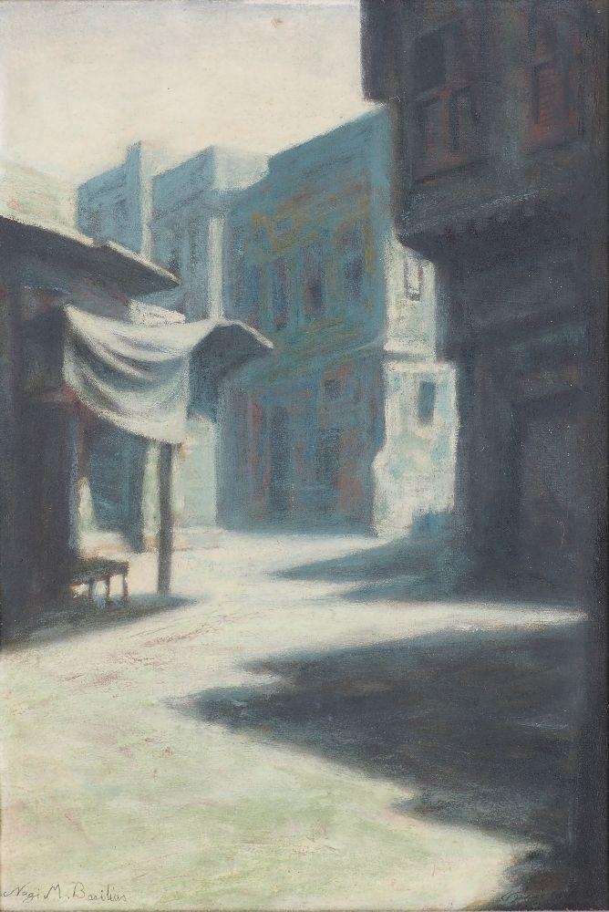 Artwork by Nagi M. Basilius, Townscape with shadows on an empty street, Made of oil on canvas
