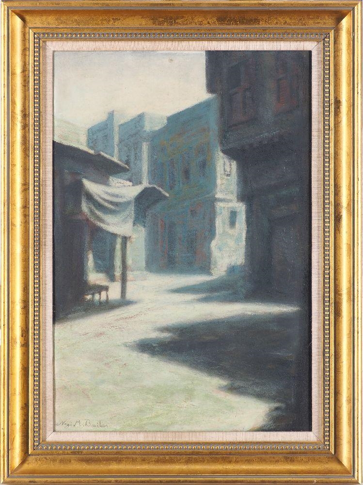 Artwork by Nagi M. Basilius, Townscape with shadows on an empty street, Made of oil on canvas