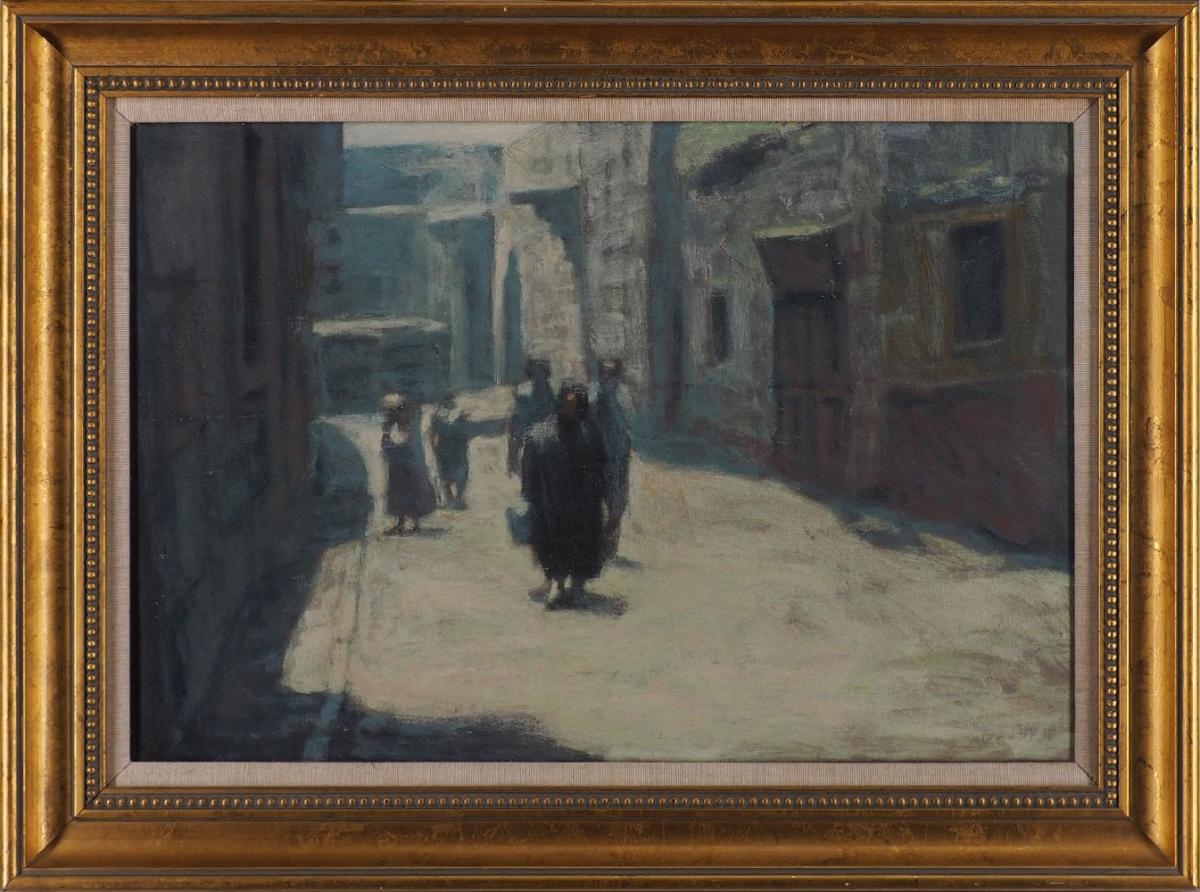 Artwork by Nagi M. Basilius, Figures in a village street, Made of oil on canvas